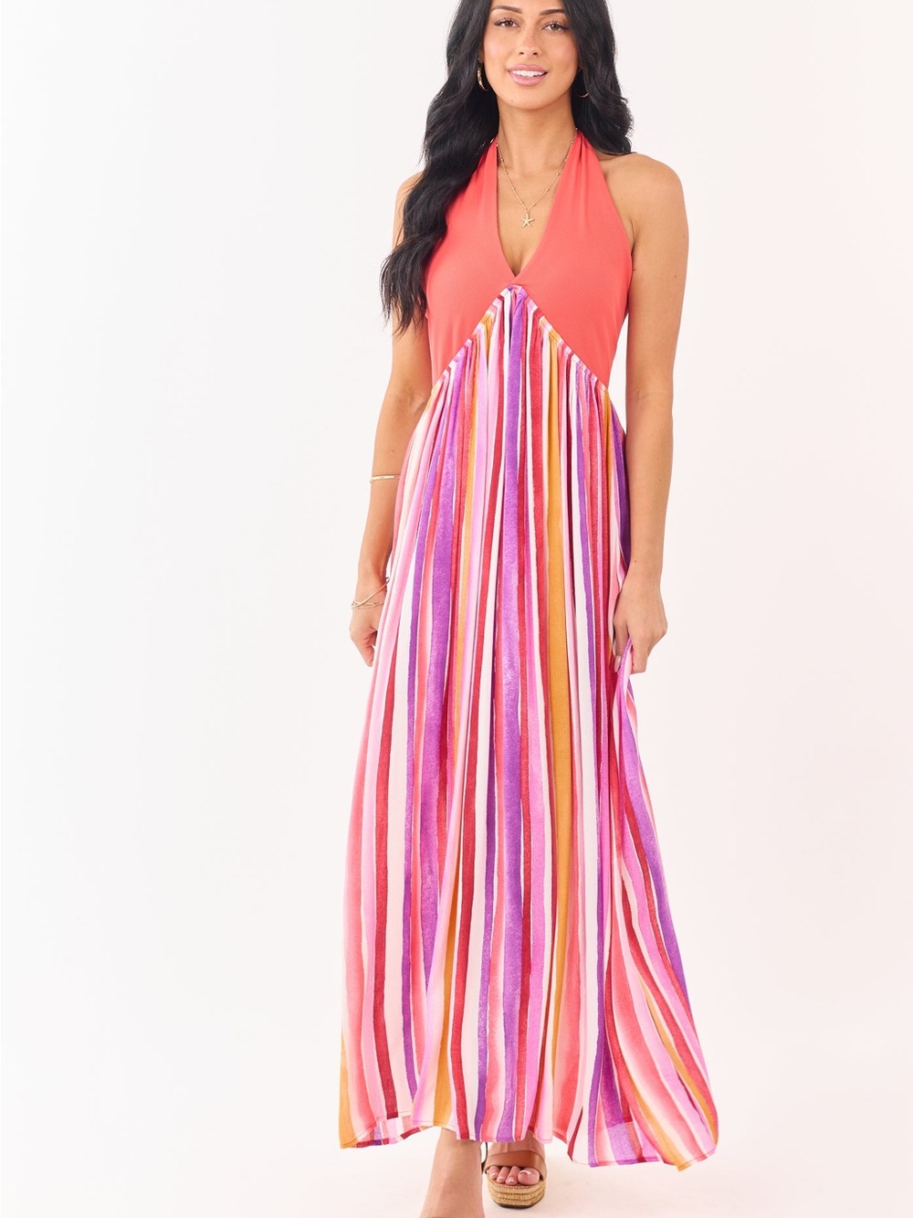 Scarlet Halter Neck Contrast Striped Maxi Dress - Ces Femme